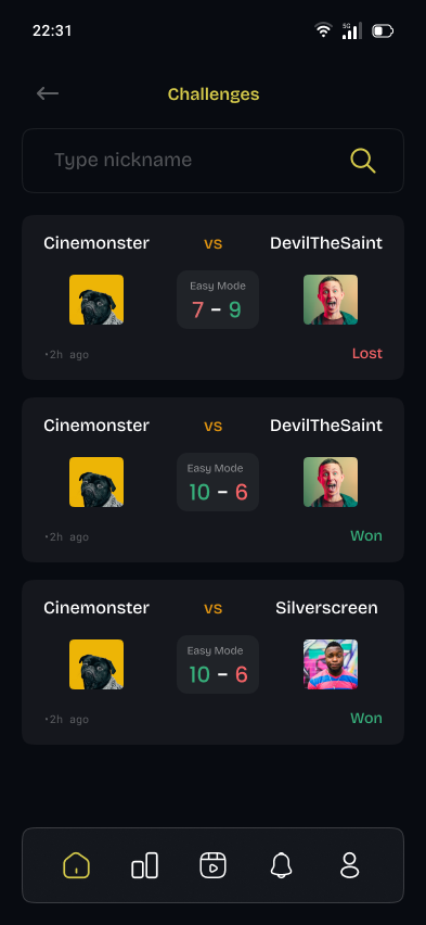 Movitto challenge screen showing user-to-user challenges