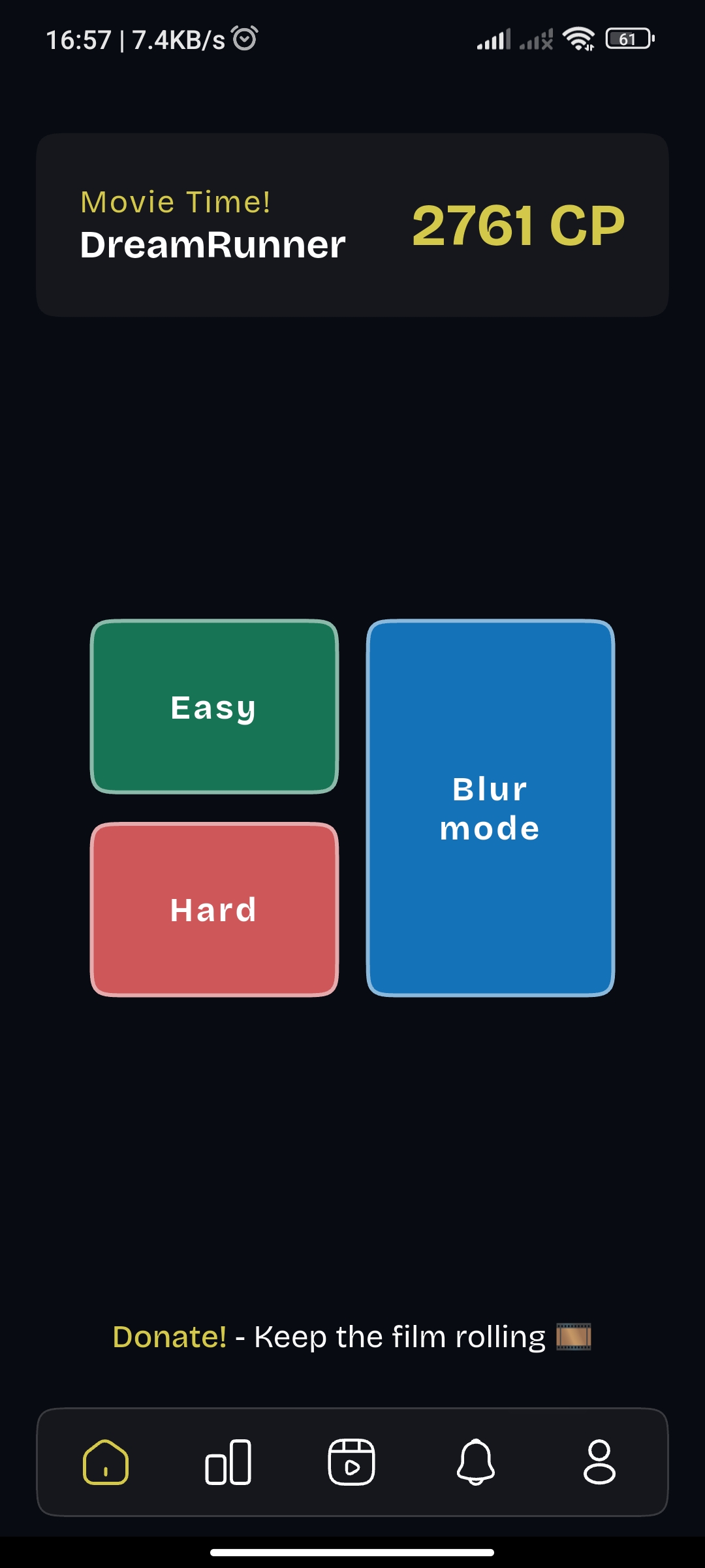Movitto home screen showing game modes and navigation